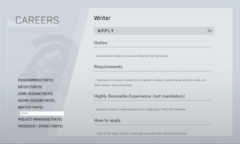 Job description screenshot from kojimaproductions.jp, showing opening for "writer" role. The duties ...