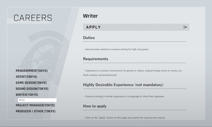 Job description screenshot from kojimaproductions.jp, showing opening for "writer" role. The duties ...