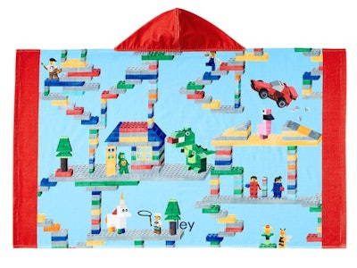 This hooded beach towel for kids features a LEGO design.