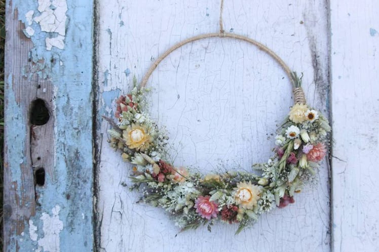 This dried flower wreath is cottagecore wall decor.