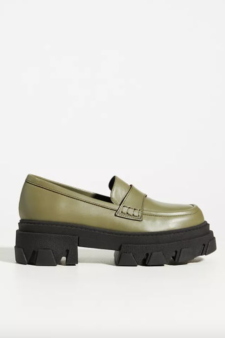 green platform loafers