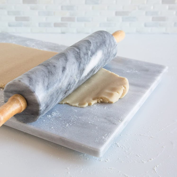 Fox Run White Marble Rolling Pin with Wooden Cradle