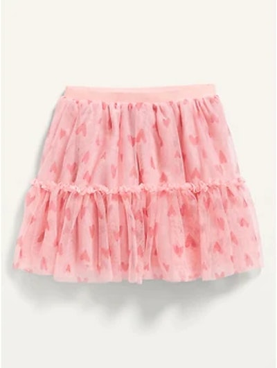 Ruffle-Tiered Heart Print Tulle Skirt
