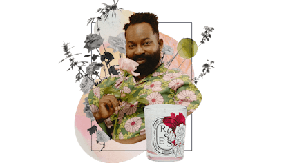 Collage of artist Maurice Harris in a green floral shirt holding a flower and a white candle box