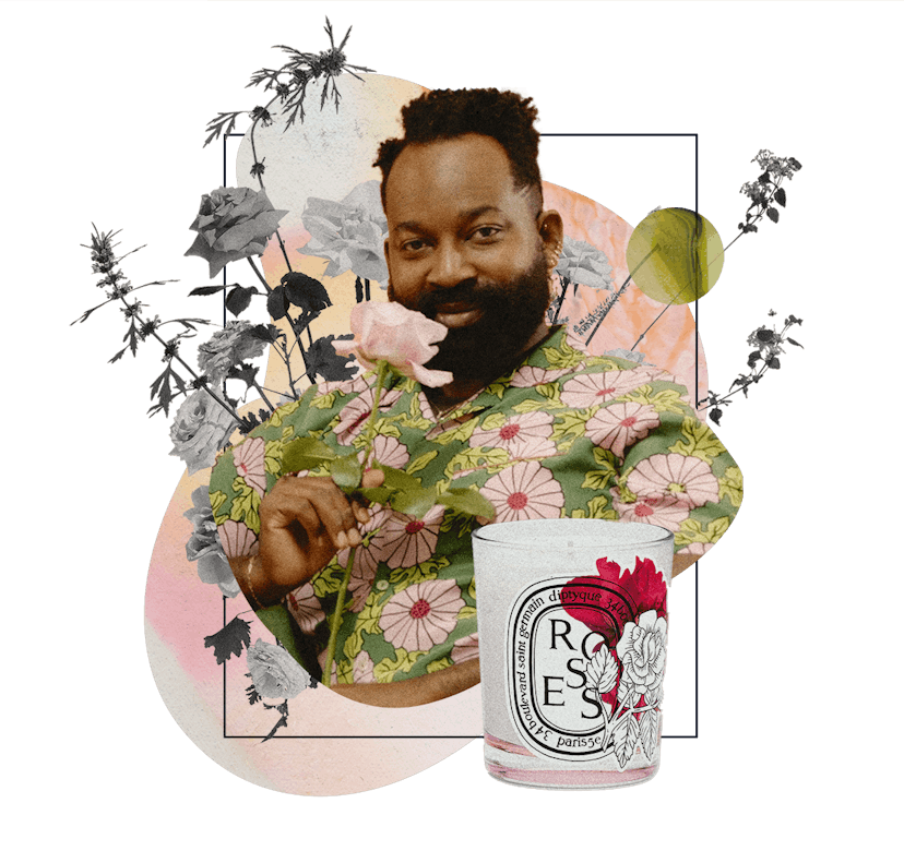 Collage of artist Maurice Harris in a green floral shirt holding a flower and a white candle box
