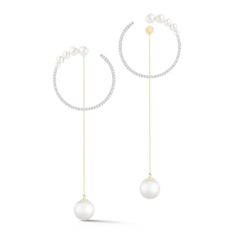 MATEO's 14kt Gold Graduated Pearl Hoop with Pearl Drop earrings. 