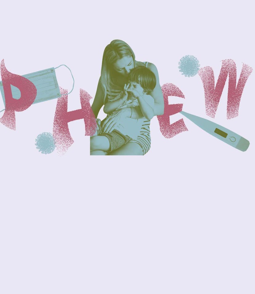 An abstract collage of a mother holding her toddler with Covid, a face mask and a body thermometer