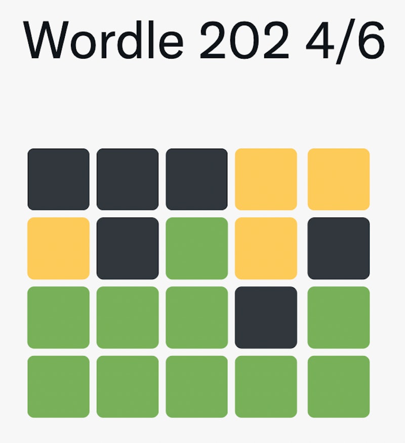 A screenshot of green and gray emoji squares showing results from a Wordle game. What is Wordle? Her...