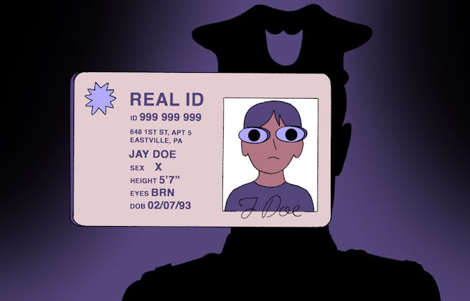 An animated picture of an ID with a police officer in the background, as government IDs need to chan...