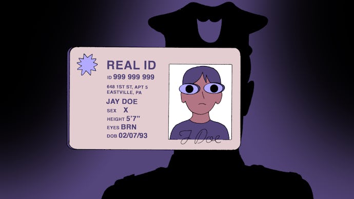 An animated picture of an ID with a police officer in the background, as government IDs need to chan...
