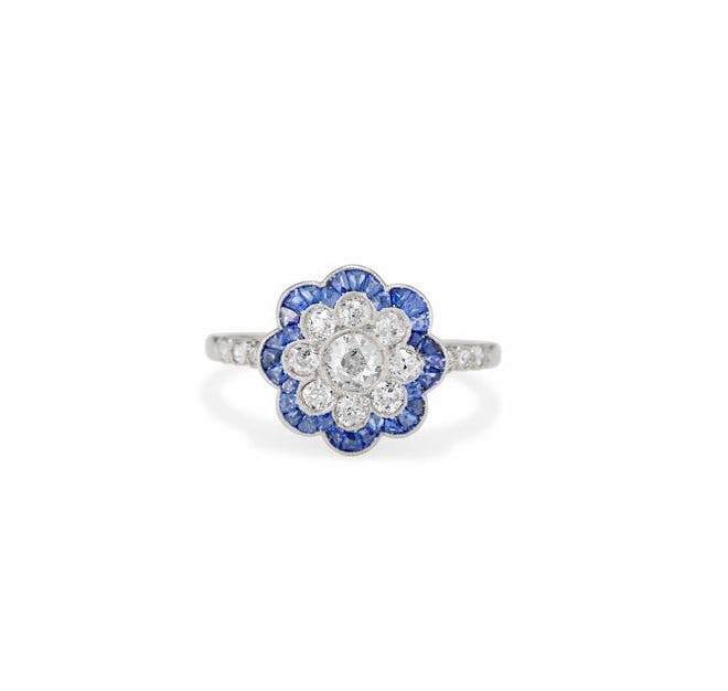 Belle Epoque .25 Old European Diamond and Sapphire Cluster Engagement Ring, France