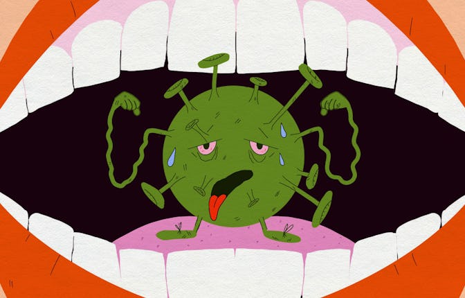 An illustration of the Covid-19 bacteria, sweating with red eyes inside someone's mouth