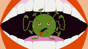 An illustration of the Covid-19 bacteria, sweating with red eyes inside someone's mouth