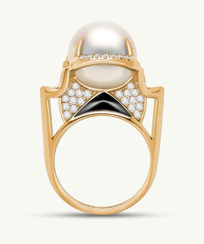 MAREI's Isis Goddess South Sea White Pearl And White Diamond Ring In 18kt Yellow Gold.