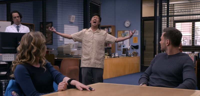 Gillian Jacob, Ken Jeong, and Joel McHale appear in a scene for 'Community.'