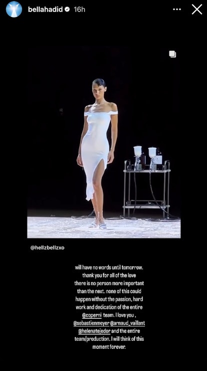 Bella Hadid has dress spray-painted on at Paris Fashion Week