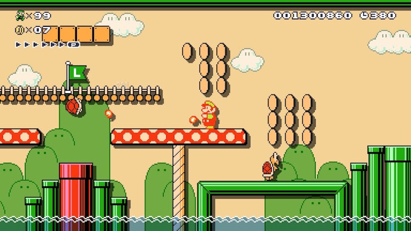 An insert of Mario on the obstacles in Super Mario Bros. 5
