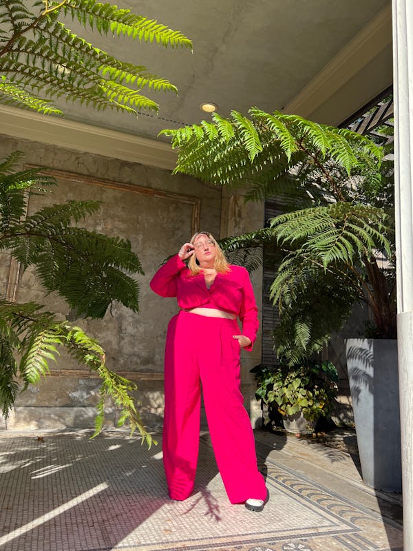Sarah Chiwaya wearing pink suit dress by Sergio Hudson x Target