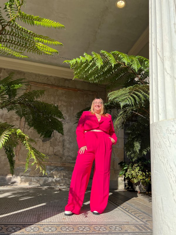 Sarah Chiwaya wearing pink suit dress by Sergio Hudson x Target