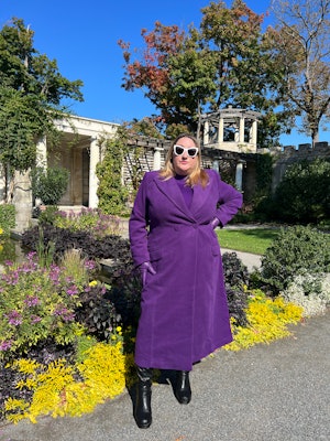 Sarah Chiwaya wearing purple coat by Sergio Hudson x Target
