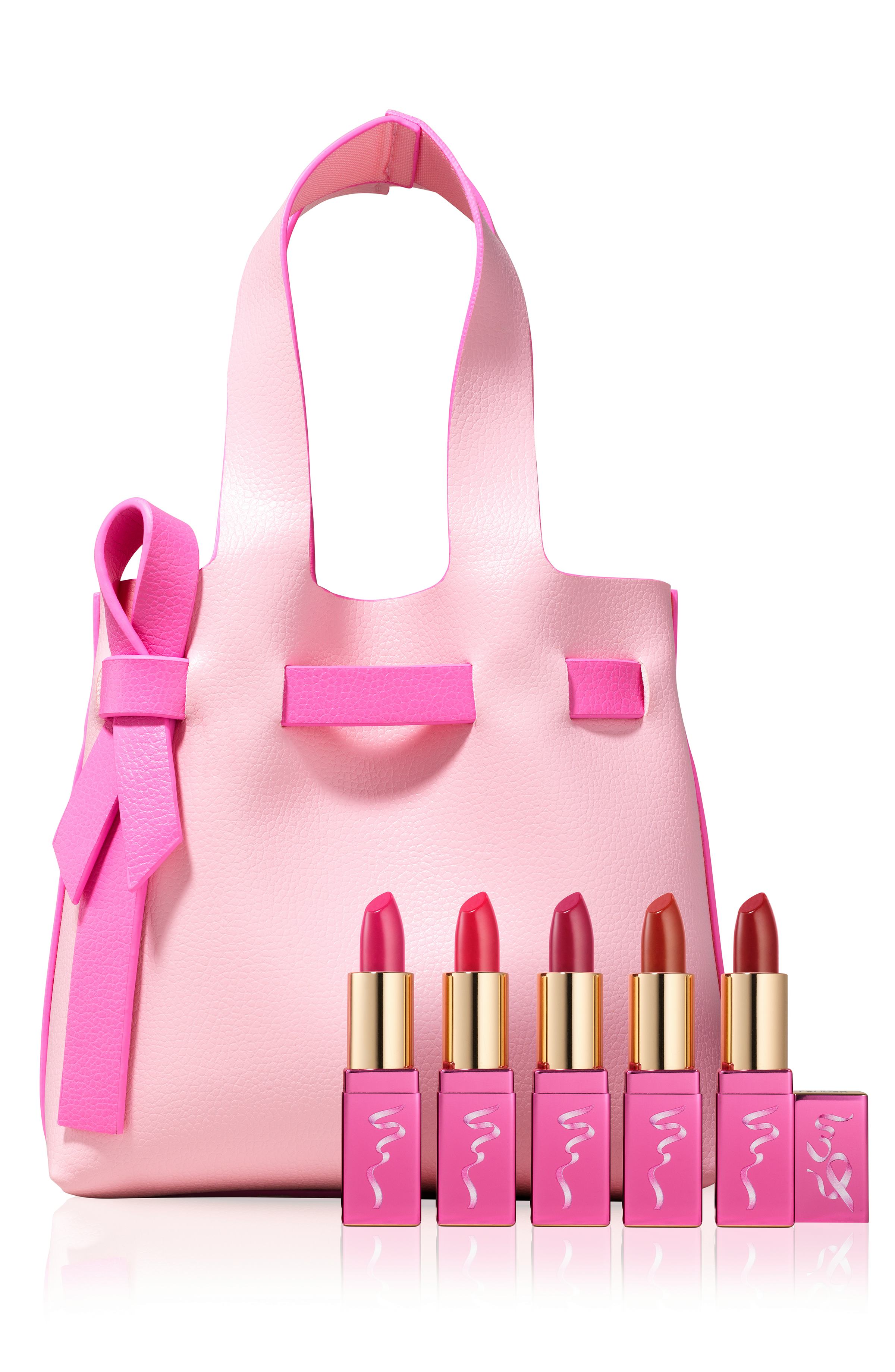 A pink handbag and four pink lipsticks that support Breast Cancer Awareness Month