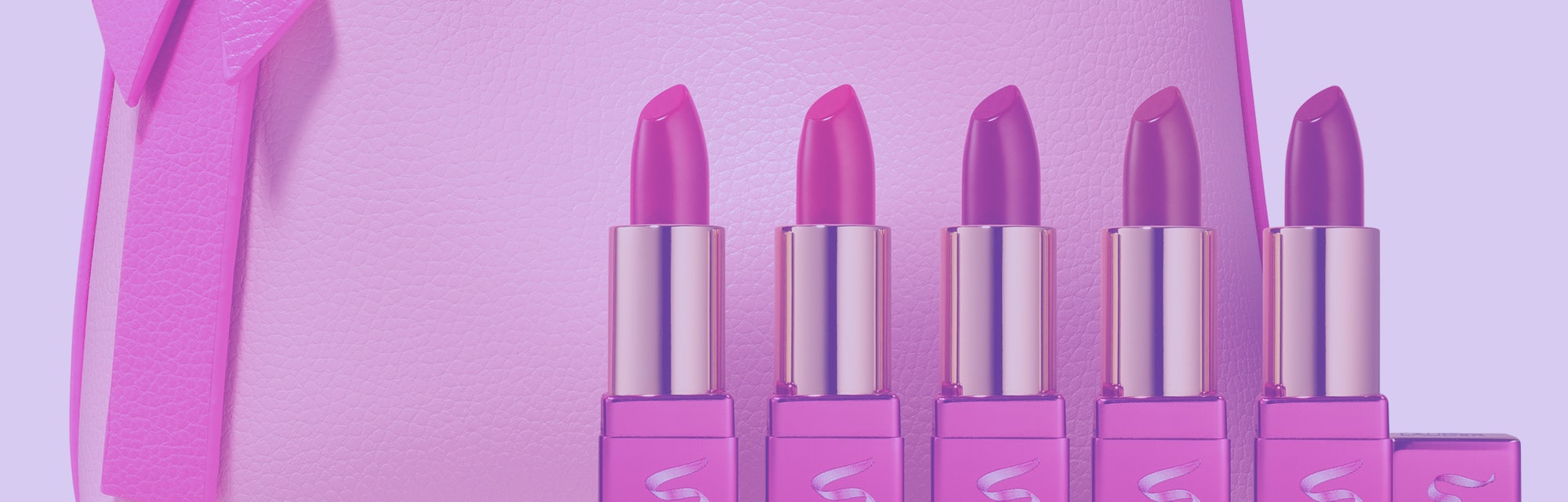 A pink handbag and four pink lipsticks that support Breast Cancer Awareness Month