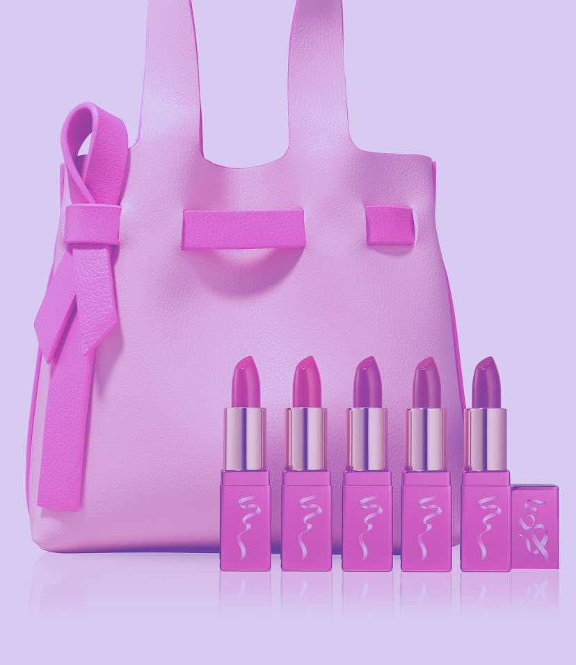 A pink handbag and four pink lipsticks that support Breast Cancer Awareness Month