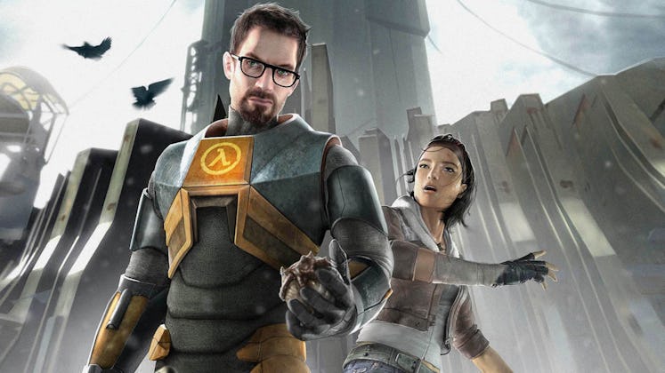 A scene from the game Half-Life 2 featuring two characters from the game