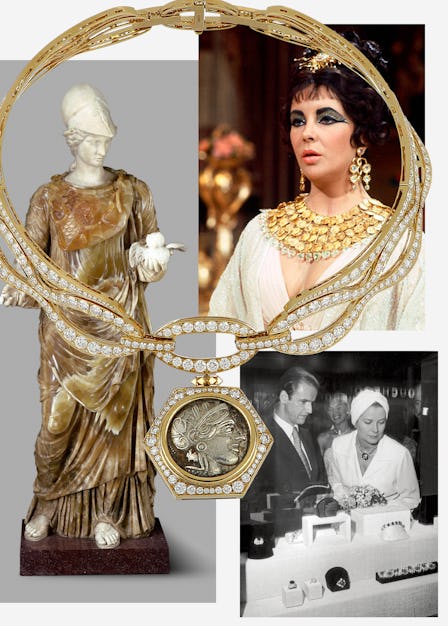 A collage of historical references of the Bulgari Monete necklace