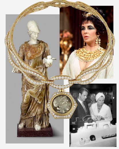 A collage of historical references of the Bulgari Monete necklace
