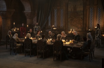 The Hightowers and Targaryens sit around a dinner table together in House of the Dragon Episode 8