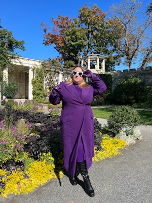 Sarah Chiwaya wearing purple coat by Sergio Hudson x Target