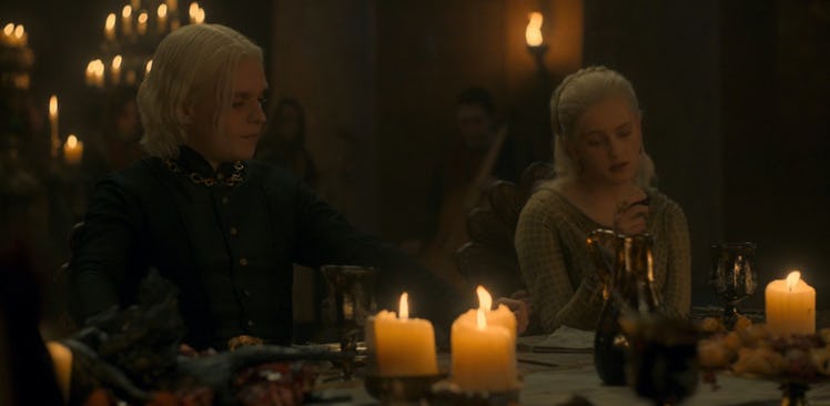 Tom Glynn-Carney as Aegon II and Phia Saban as Helaena Targaryen in House of the Dragon Episode 8