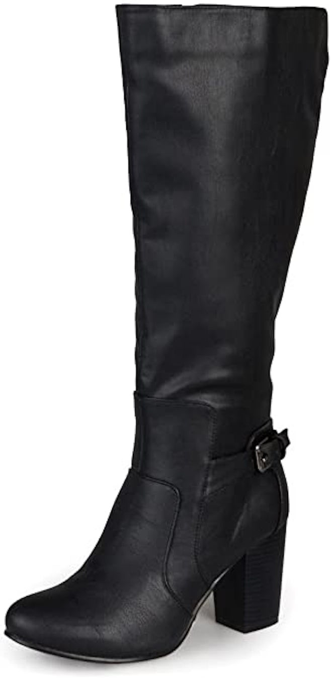 These wide-calf boots have a stacked, 3-inch heel.
