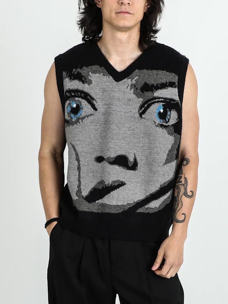 Dumbgood's 2022 Halloween Collection: the Casey Becker Sweater Vest inspired by 'Scream.'