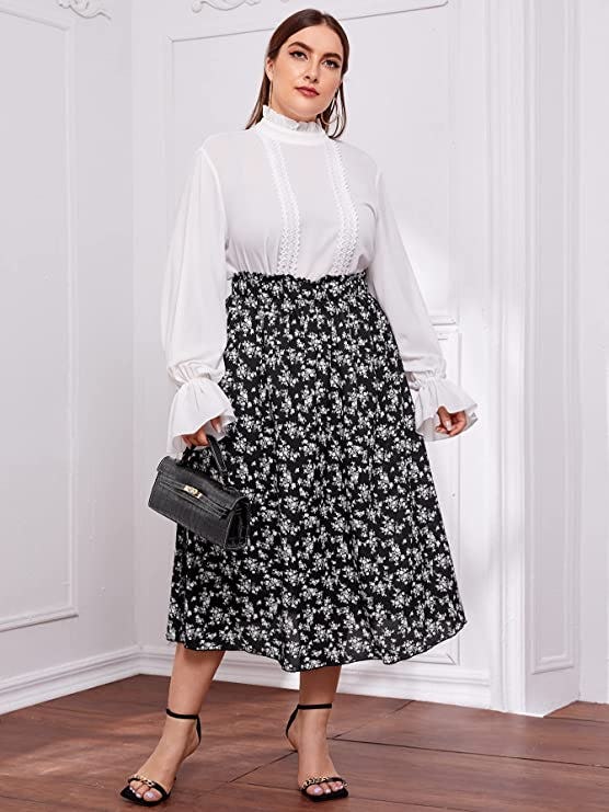 Floerns Floral Flared Pleated Midi Skirt