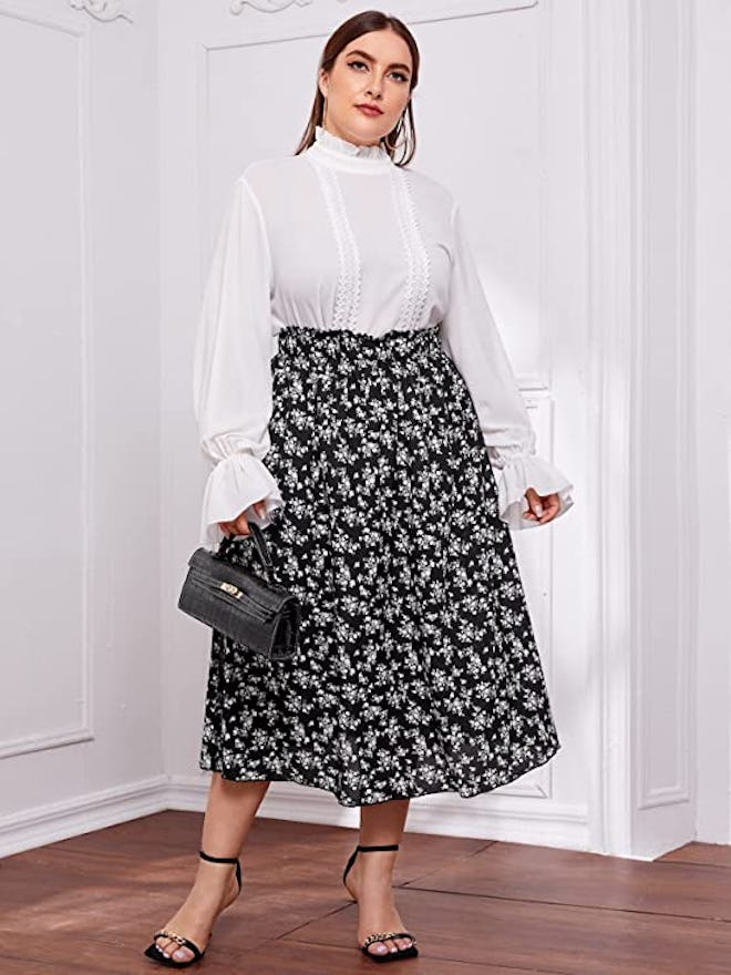 Floerns Floral Flared Pleated Midi Skirt
