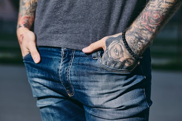 Close up of a man's crotch in jeans.