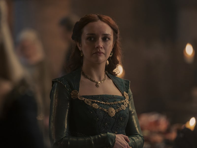 Alicent Hightower (Olivia Cooke) wears a green dress in House of the Dragon Episode 8