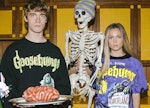 Two models posing in Dumbgood's 2022 Halloween collection in 'Goosebumps' inspired clothes.
