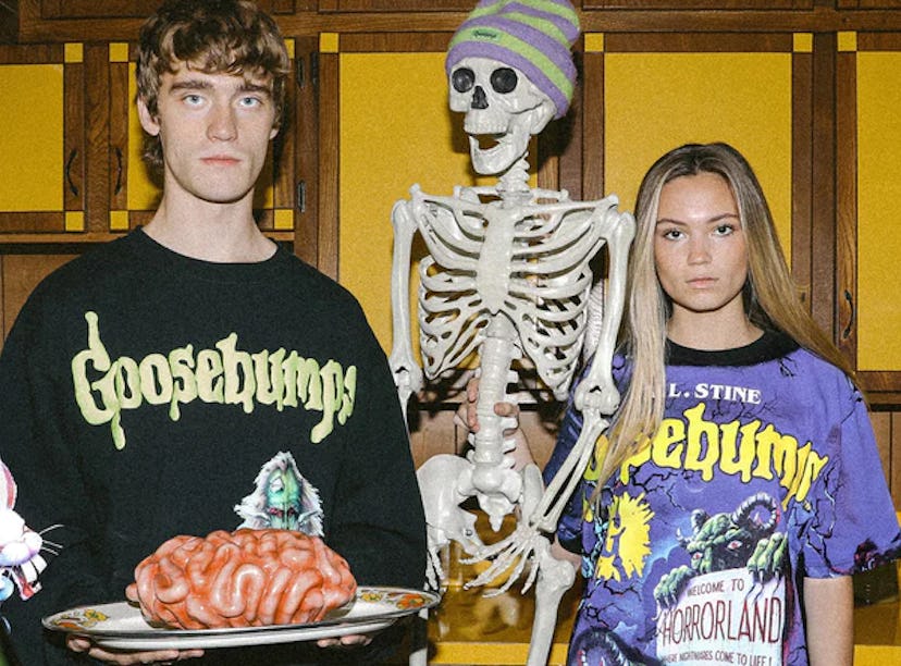 Two models posing in Dumbgood's 2022 Halloween collection in 'Goosebumps' inspired clothes.