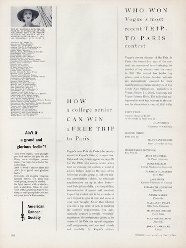 Announcement of the twenty-first Prix de Paris in the August 1956 issue of Vogue.