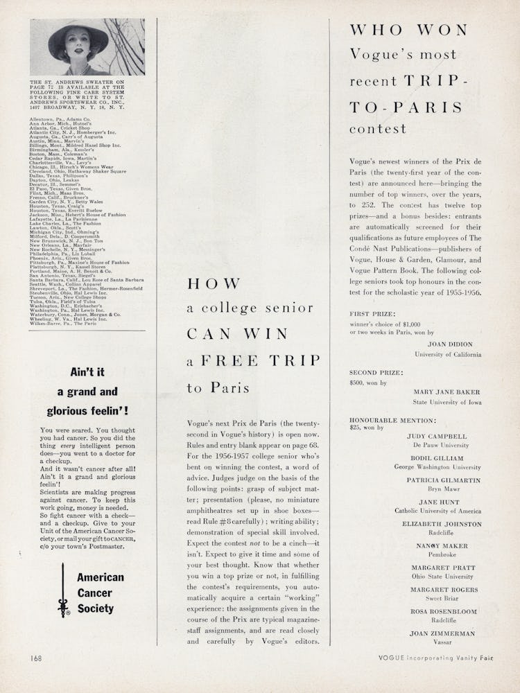 Announcement of the twenty-first Prix de Paris in the August 1956 issue of Vogue.
