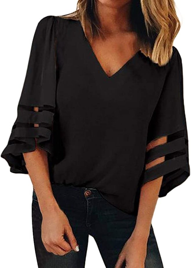 BLENCOT V Neck Bell Sleeve Blouse