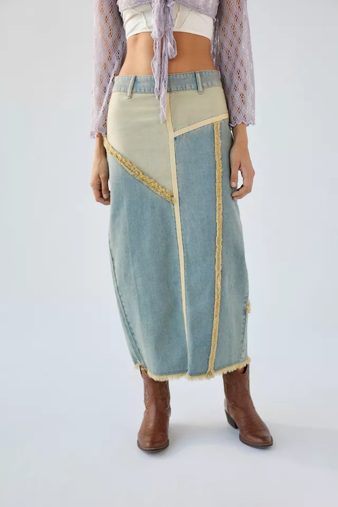 BDG Margot Denim Patchwork Maxi Skirt