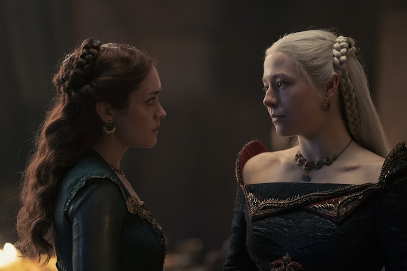 Olivia Cooke as Alicent Hightower and Emma D’Arcy as Rhaenyra Targaryen in ‘House of the Dragon’ Sea…