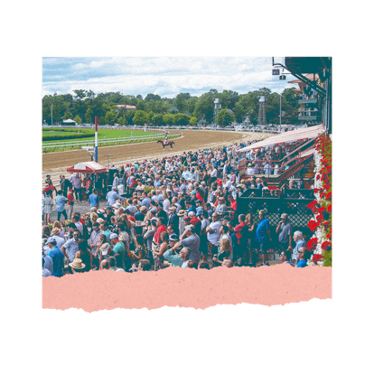A big crowd watching the horses at the Saratoga Racetrack, a fun place for friends vacations