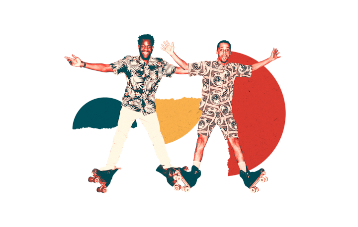 Two men in patterned shirts dancing and posing while rollerblading