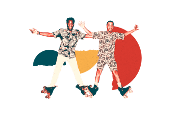Two men in patterned shirts dancing and posing while rollerblading