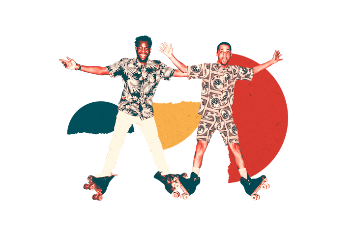 Two men in patterned shirts dancing and posing while rollerblading
